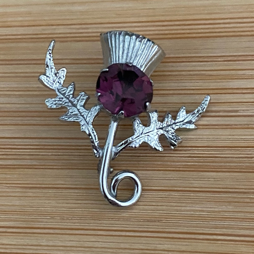 Vintage Silver Brooch Pin with Large Dark Purple Stone and Leaf Detail - Picture 10 of 10